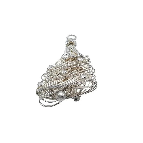 Clear Rhinestone Wire Wrapped Christmas Tree Brooch Pin Silver Tone Vintage - Picture 2 of 5